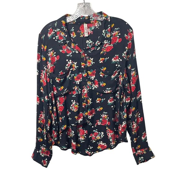 Mudd Button Up Long Sleeve Shirt Black and Red Floral Casual Top Womens Size XL - Picture 7 of 7